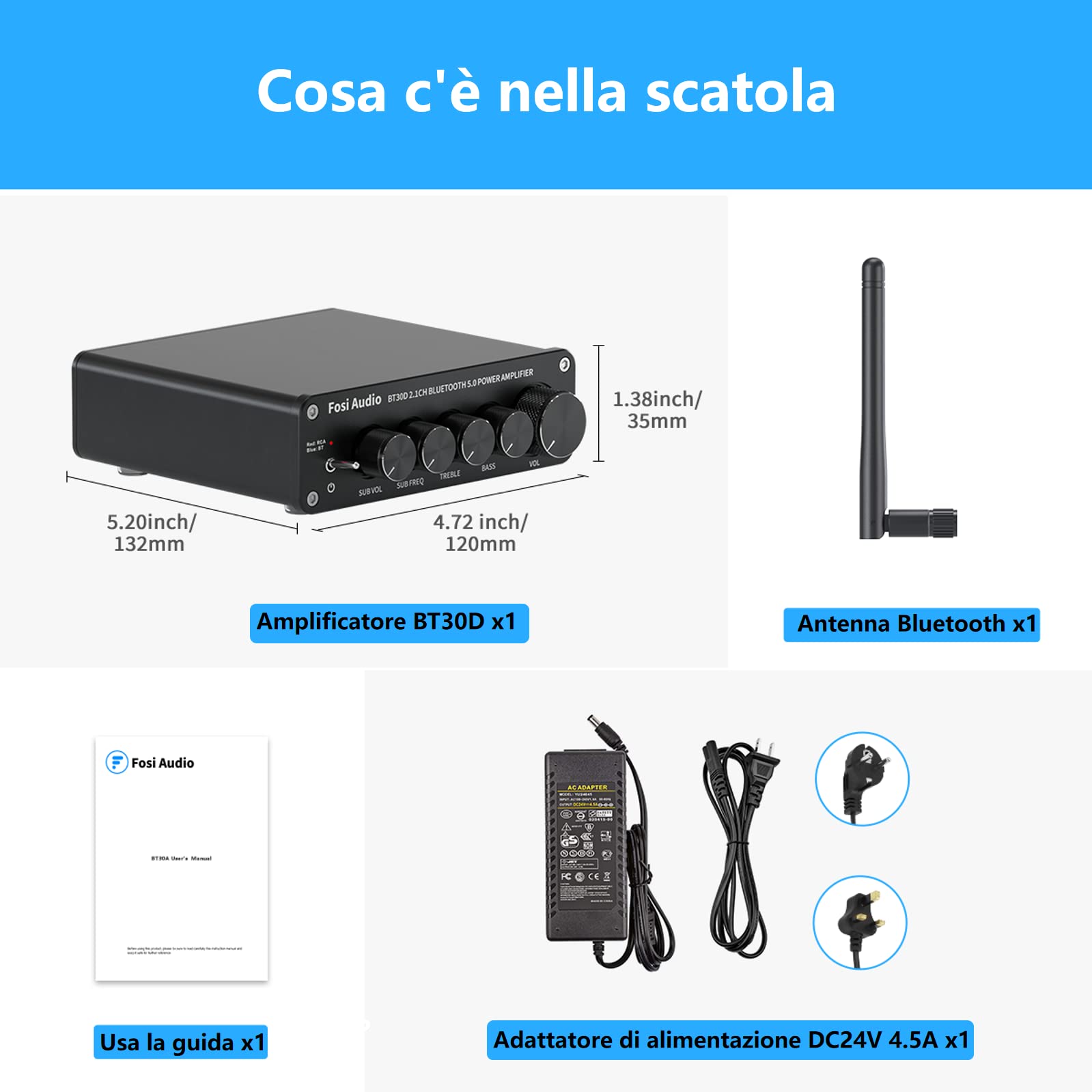 Fosi Audio BT30D Bluetooth 5.0 Amplificatore Audio Stereo 2.1 Canali Mini Hi-Fi Classe D Integrato Amp, 50 Watt x2+100 Watt per Home Outdoor Altoparlanti Passivi/Subwoofer & Subwoofer Alimentato