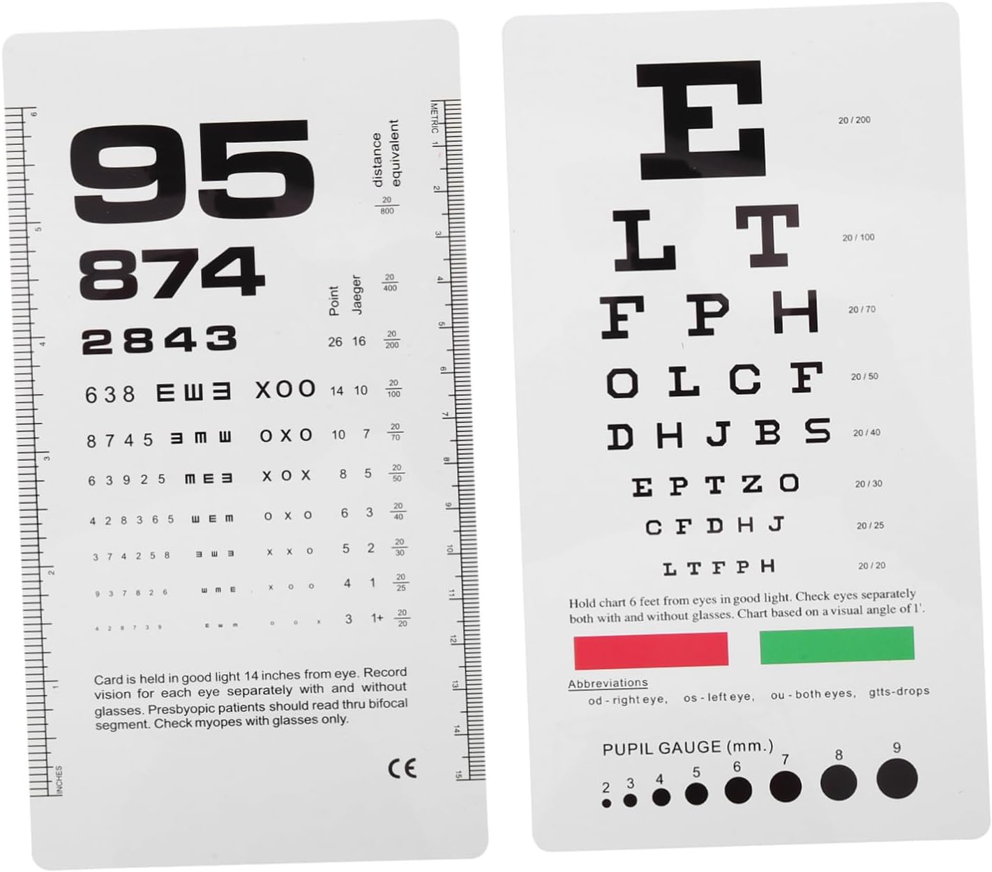 2pcs Double Sided PVC Eye Chart for Vision Testing, Portable Standard Visual Acuity Chart Resistant to Curling and Deformation, for Home Use and Community Clinics