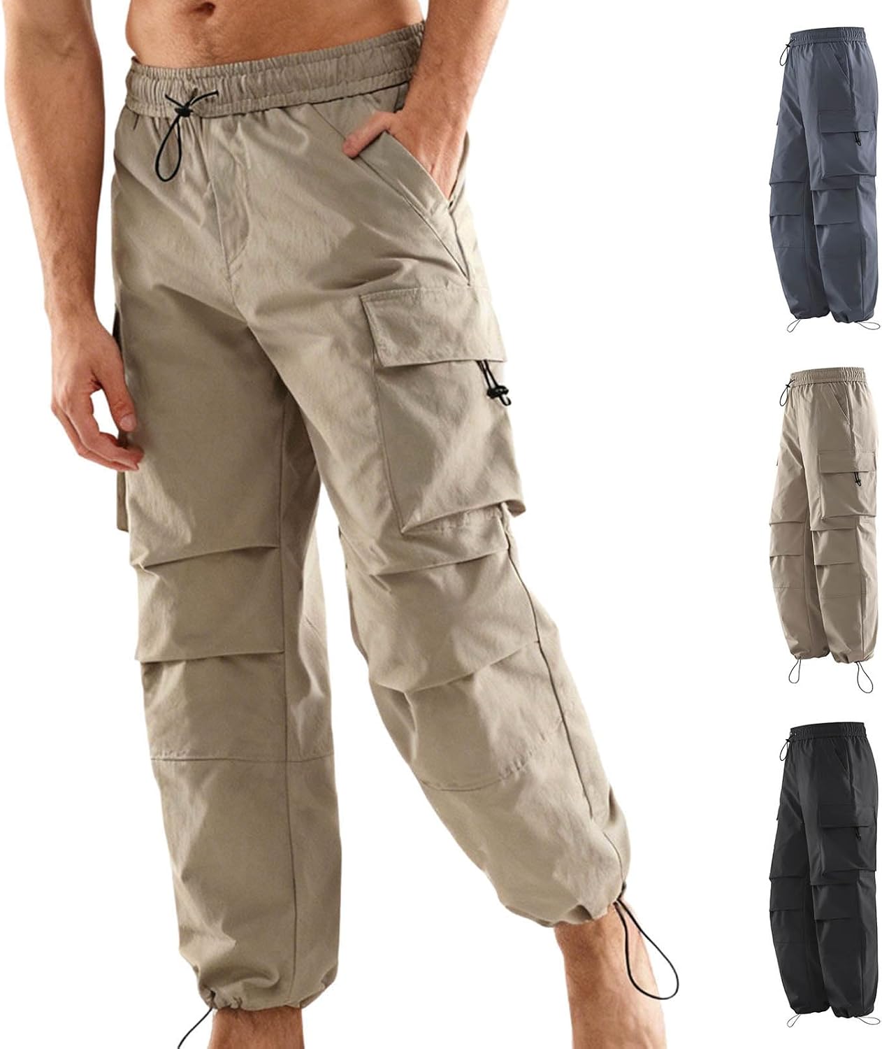 Cambkatl Men's Drawstring Hem Hiking Pants - Stretch Elastic Waist Outdoor Athletic Casual Sweatpants with Pockets