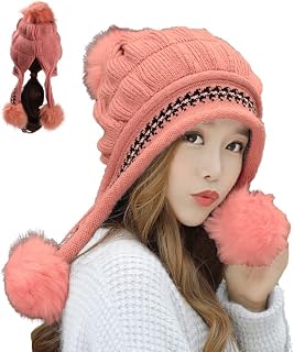 HunterBee Fleece Lined Peruvian Knit hat Laplander Skull Beanie hat Ear Flaps Wool Warm Pompoms Ponytail