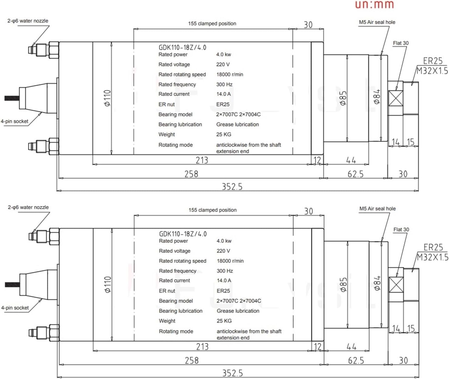 Constant torque spindle GDK110-18Z-4KW 220V 380V chuck ER25 400Hz 18000RPM(380V)