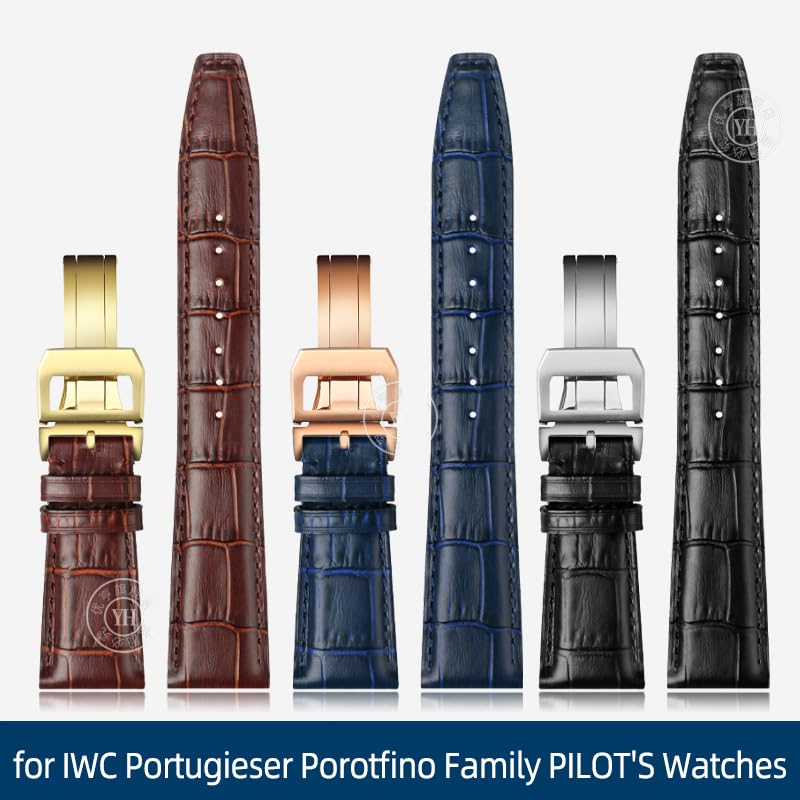 SCHIK Correa de reloj de cuero vacuno de 20 mm, 21 mm, 22 mm, repuesto para IWC Portugieser Porotfino Family PILOT'S Relojes Correa Hebilla plegable