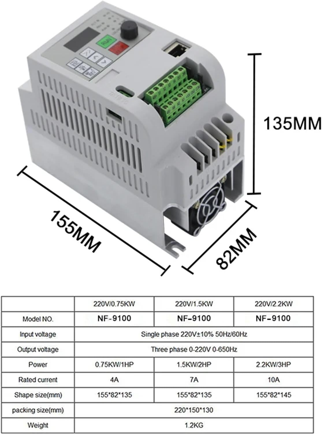 Dimensions for QLWAHK Inverter 9600 0.75KW, 1.5KW, 2.2KW models
