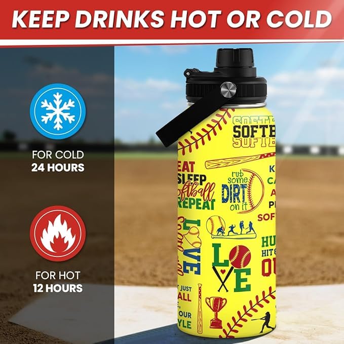 Image of Softball Gift Water Bottle With Lid, 32oz Insulated Stainless Steel Sport Bottles - Softball Players Fan Coach
