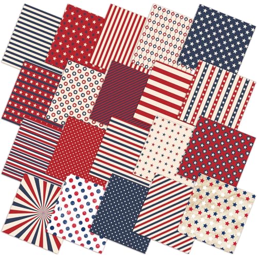 HunnmingRe 20 Pcs 10x10'' Patriotic Quilting Fabric Square Red White Blue Precut Fabric Bundle 4th of July USA Flag Star Patchwork Material for Memorial Day Sewing DIY Craft 250 Anniversary Supplies