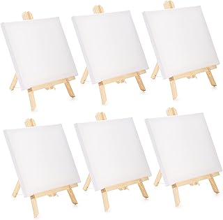 Tosnail 6 Packs 8" x 10" Canvas and Easel Set, Art Easel Stand with Canvas Set Tabletop Wooden Display Stand and Canvas Panels for Artist, Students, Adults, Kids Painting