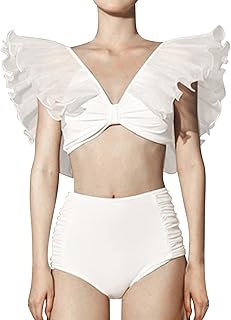 2025 - Traje de baño de mujer de color puro malla con volantes cintura alta sexy bikini sin espalda bikini de dos piezas traje de baño mujer retro