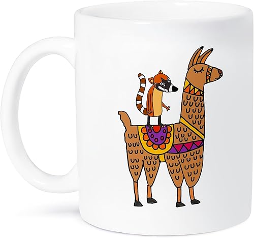 3dRose mug_270100_1 Cute Funny Coati Mundi Riding Llama Cartoon Mug, 11 oz