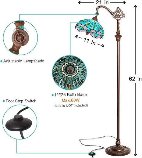 Capulina Capulina Tiffany Lamp Stained Glass Floor Lamp 62 Inches Tall Sea Grass Dragonfly Arched Adjustable Angle Tiffany Style Reading Floor Lamp for Living Room Bedroom Home Office photo 2