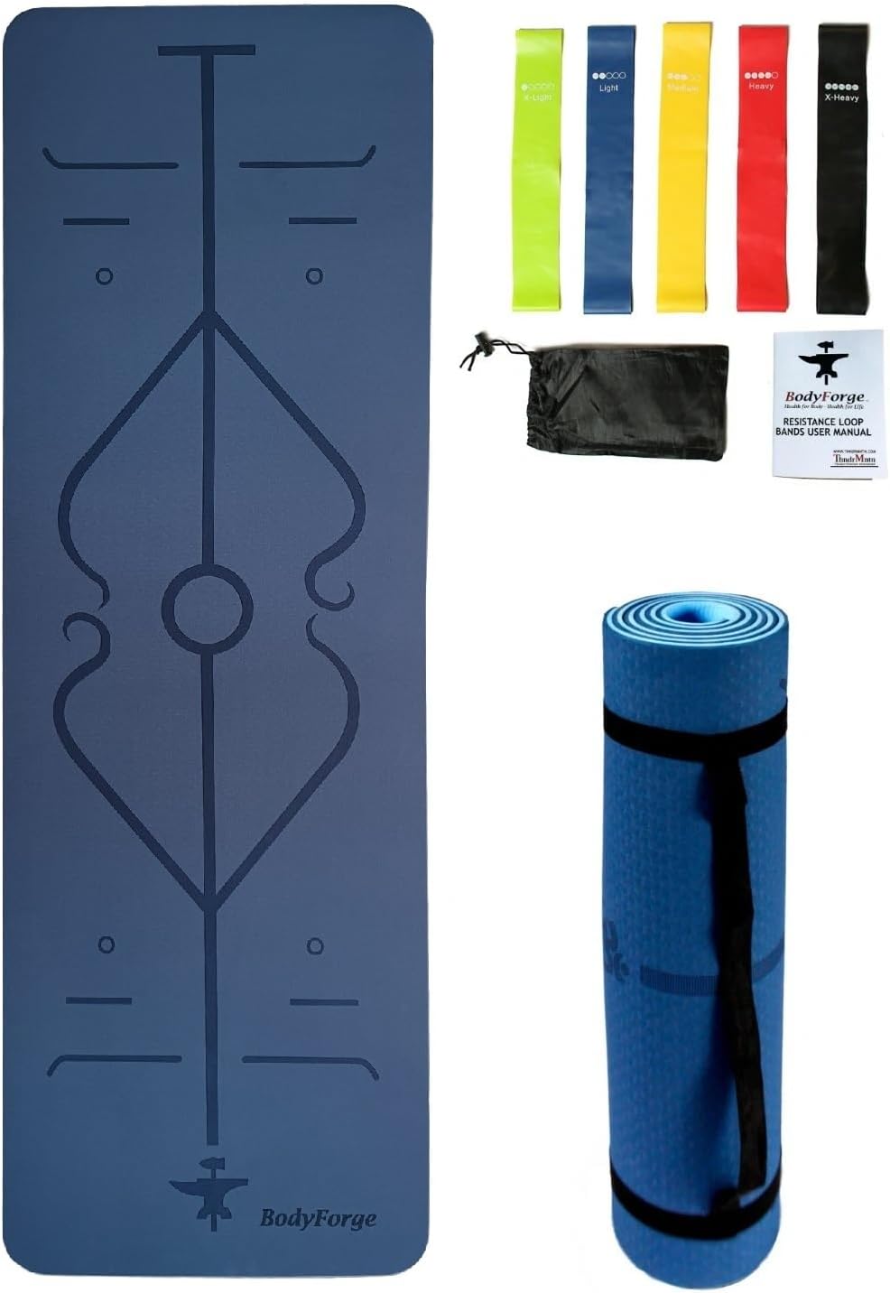 BodyForge Yoga Mat Thick Exercise Mat Thick Non-Slip Extra Thick High-Density Pilates & Resistance Exercise Loop Exercise Bands with Instruction Guide and Carry Bag, Set of 5 Bundle