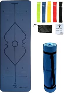 BodyForge Yoga Mat Thick Exercise Mat Thick Non-Slip Extra Thick High-Density Pilates (Blue/Light Blue) & Resistance Exercise Loop Exercise Bands with Instruction Guide and Carry Bag, Set of 5 Bundle