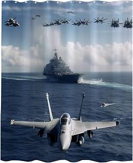 Winteriew Fighter Plane Shower Curtains Modern Airplane Ocean Navy Air Force Aircraft Carrier Theme Small Window Curtain Bathroom Decor Set with Hooks Waterproof Washable 72 W x 72 H Inches Blue