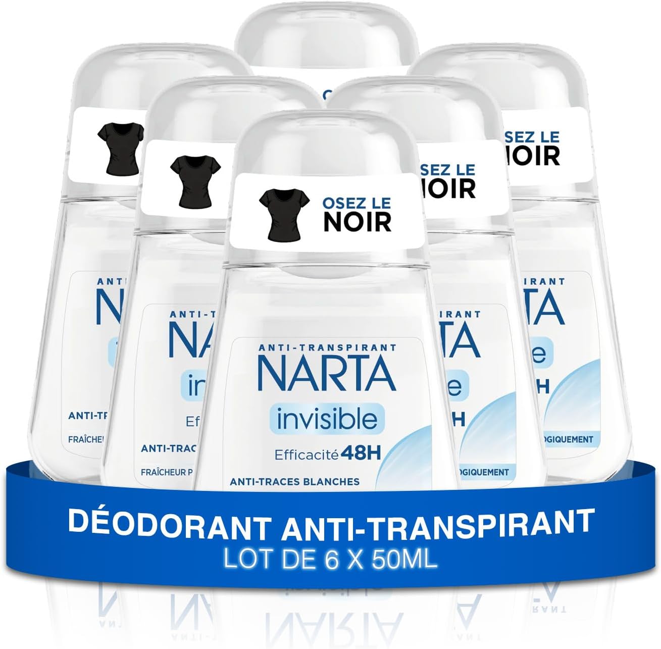 Narta - Dezodorant damski w kulce - niewidoczny antyperspirant skuteczność 48 godzin przeciw białym śladom - zestaw 6 x 50ml