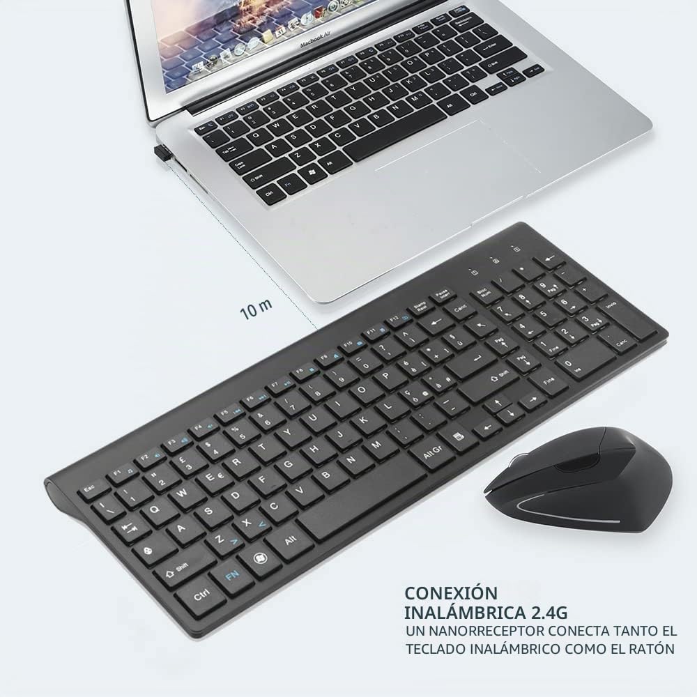 Combinación de ratón y teclado ergonómicos verticales inalámbricos de 2,4 GHz Tamaño portátil ultrafino para PC de sobremesa ordenador portátil portátil Mac Tablet (Right-handed)