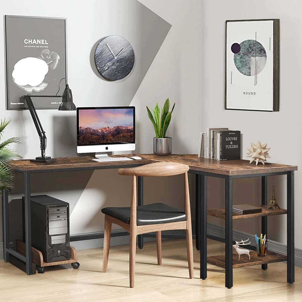 BAKAJI Scrivania Angolare a L, con Libreria 2 Ripiani, Tavolo da Lavoro Porta Pc Computer, Struttura in Metallo Nero e Piano in Legno Effetto Anticato Arredamento Ufficio Design Stile Industriale