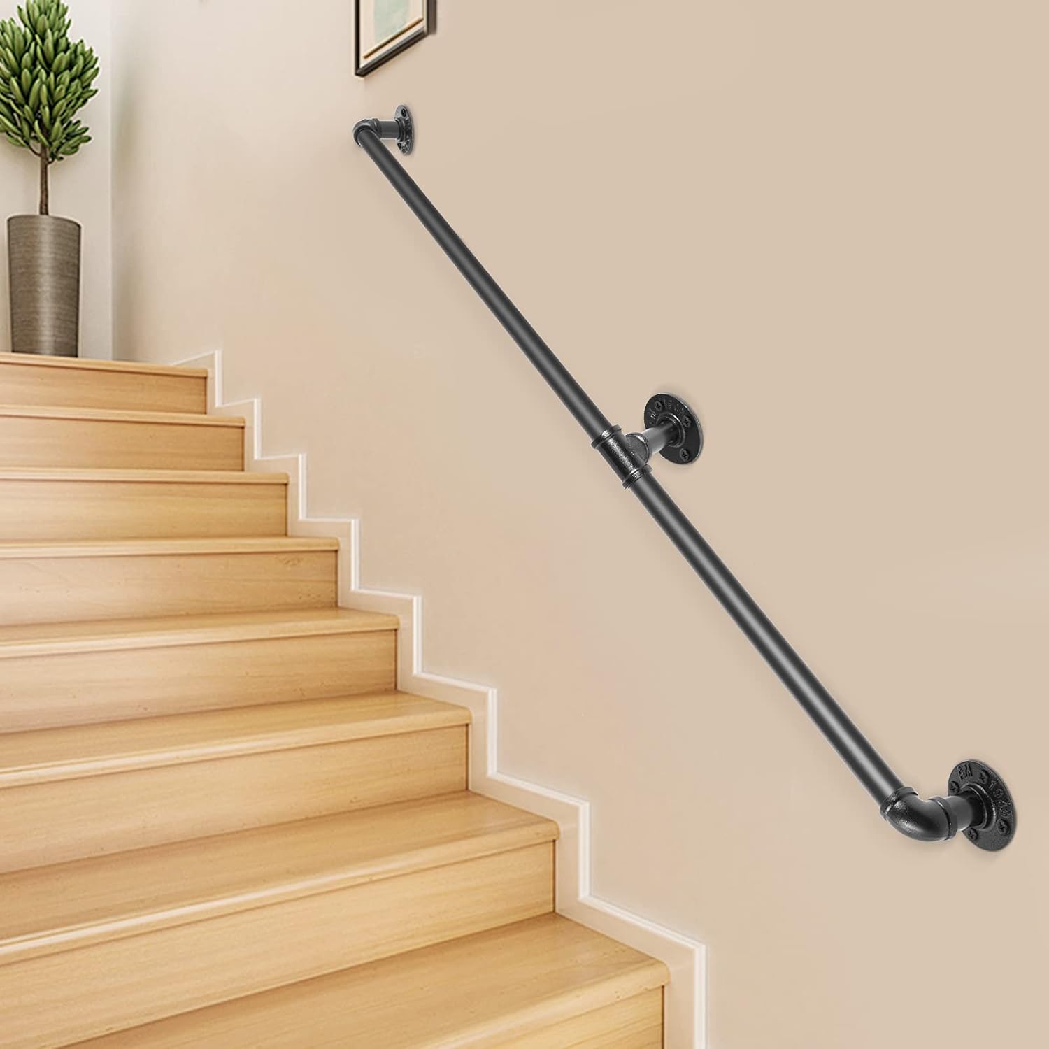 VEVOR Pipe Stair Handrail, 6FT Staircase Handrail, 440LBS Load Capacity Carbon Steel Pipe Handrail, Industrial Pipe Handrail with Wall Mount Support, Round Corner Wall Handrailings for Indoor, Outdoor - - 
