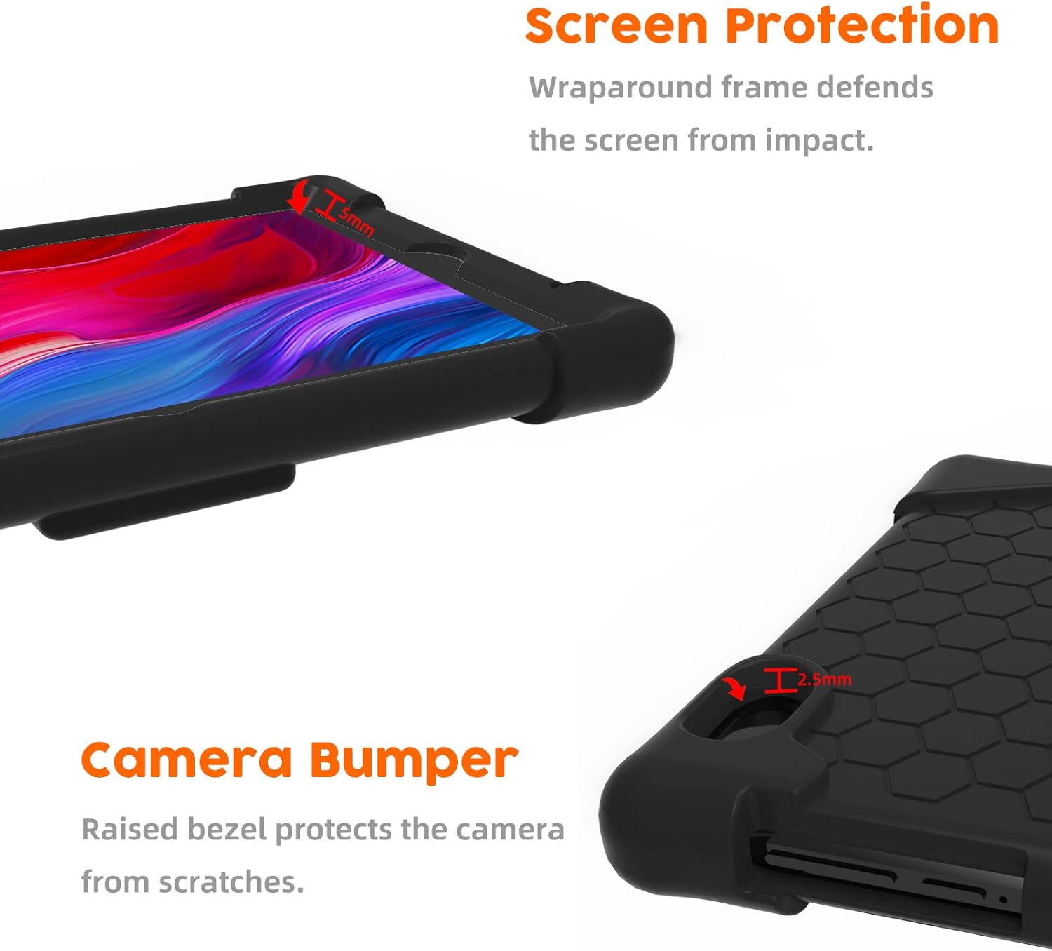 Close-up of tablet case showing raised screen protection and camera bumper.