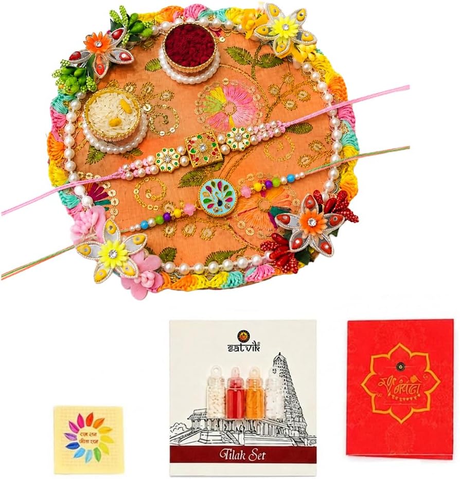 SATVIK Rakhi Gift Set with Puja Plate, Roli Chawal & 2 Rakhi