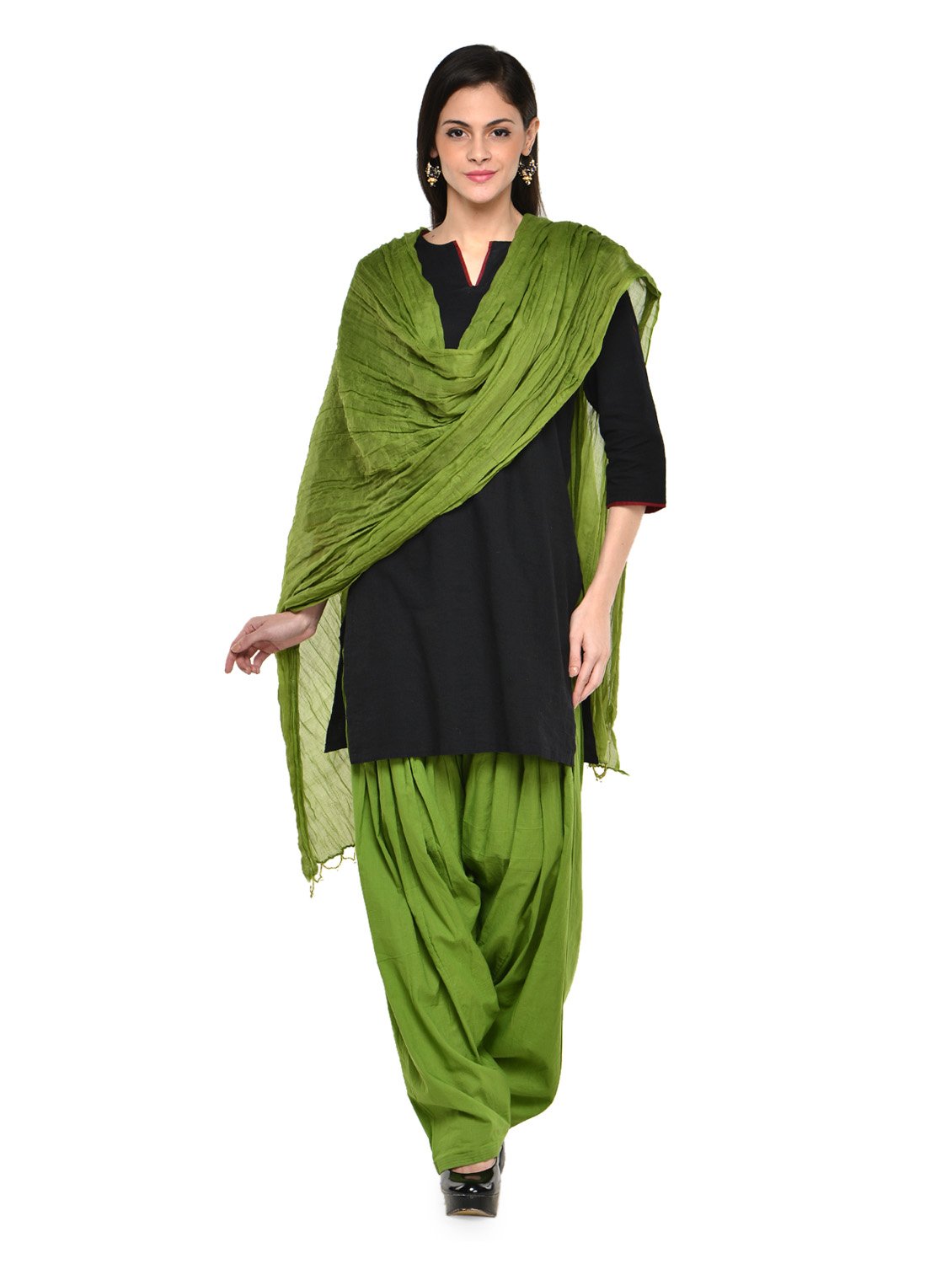 Mehendi Green Cotton Semi Patiala Salwar Dupatta Set-image-10