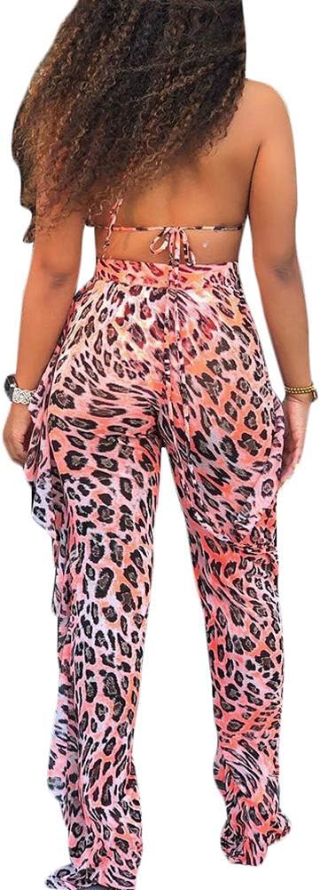 Women's Sexy Bra and mesh See-Through Hollow Out Ruffle Long Pants 2 Piece Outfits