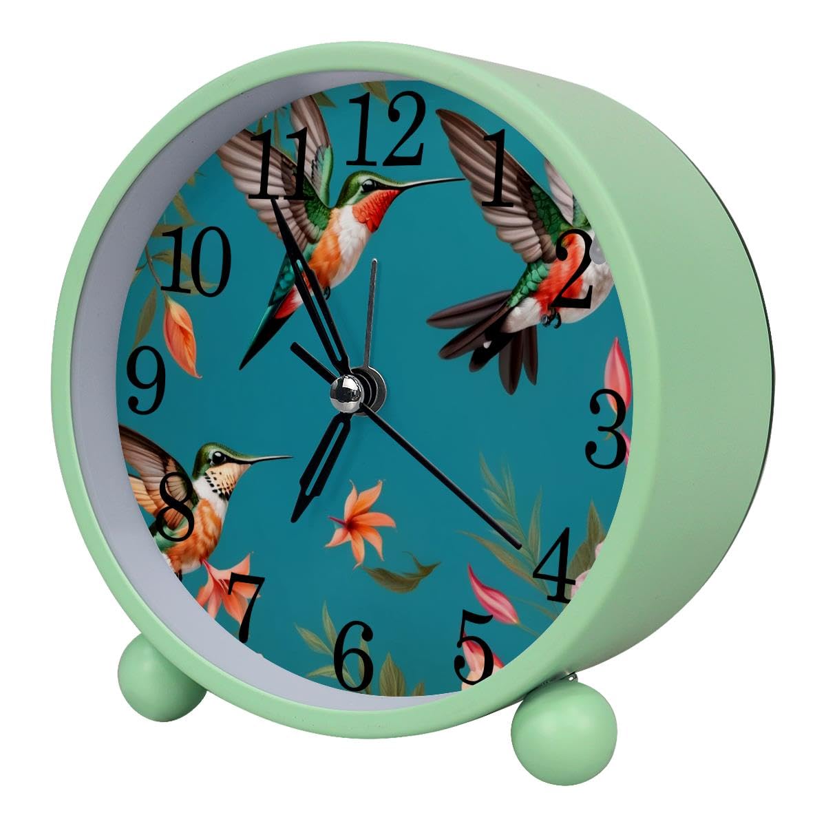 Luoweisi Alarm Clock Hummingbirds Flowers, Silent Non-Ticking with Night Light, Round Metal Alarm Clock for Office, Battery Operated, Bedroom, Elderly, Adults, Children, Student Gifts