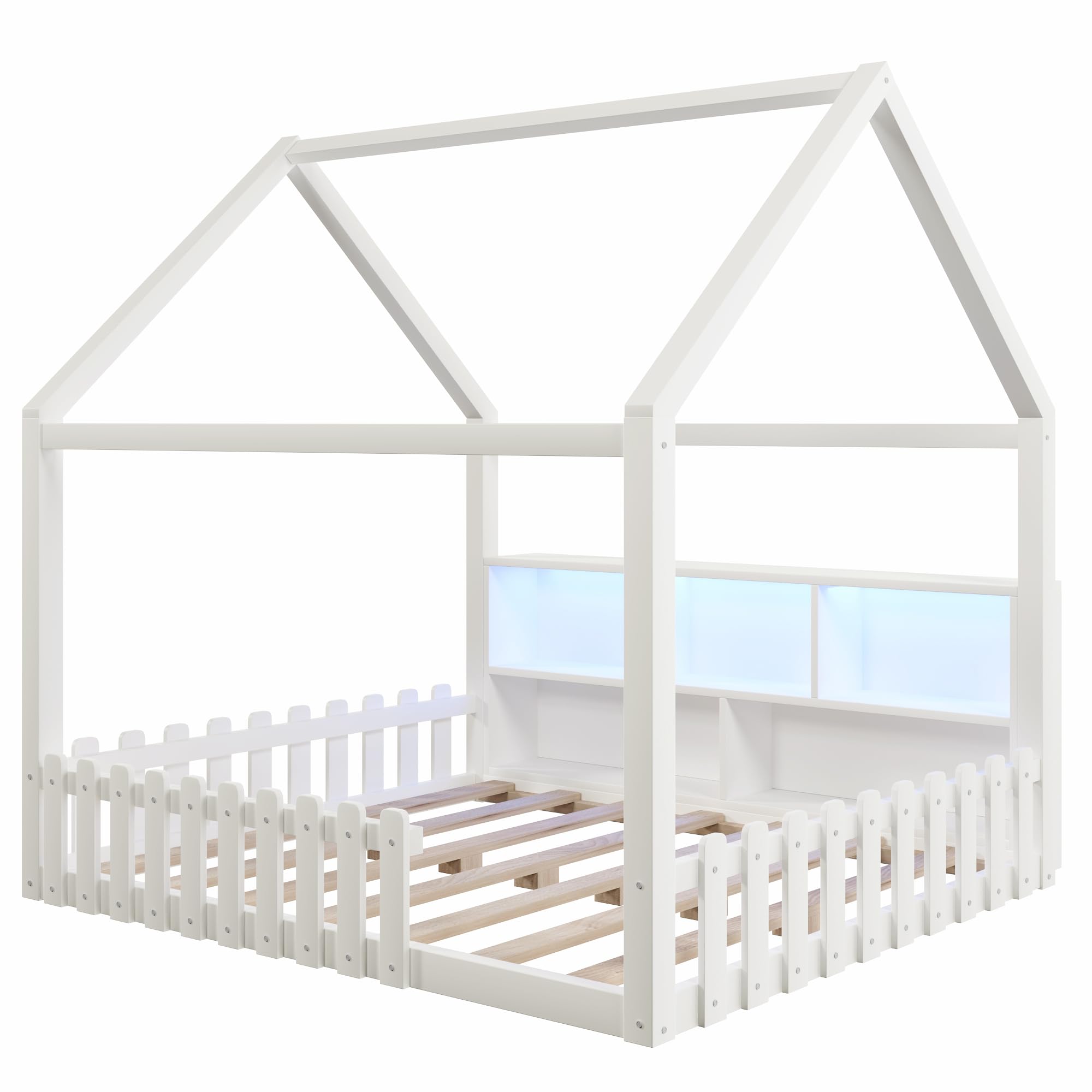 Cama Montessori 140x190 con Barrera y Luz LED, Camas Infantiles con Diseño de Casa y Compartimentos Abiertos, Cama Casita Criança Camas Cuna Niño Niña con Listones de Madera, Sin Colchón, Blanco