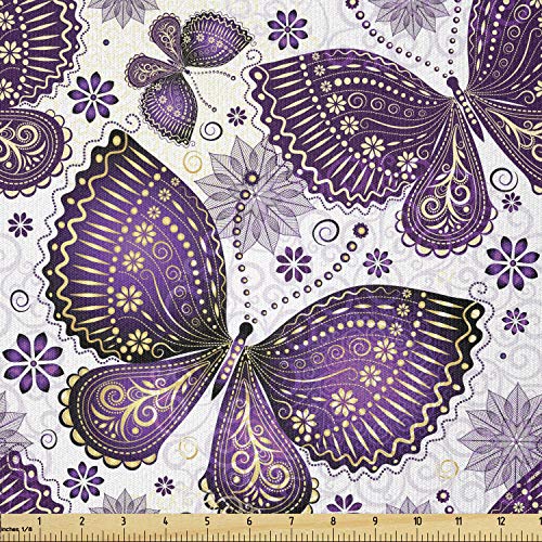 Image of Ambesonne Natural Fabric by The Yard, Butterflies with Paisley Motif on Wings Flowers Art Print, Stretch Knit Fabric for Clothing Sewing and Arts Crafts, 2 Yards, White Purple