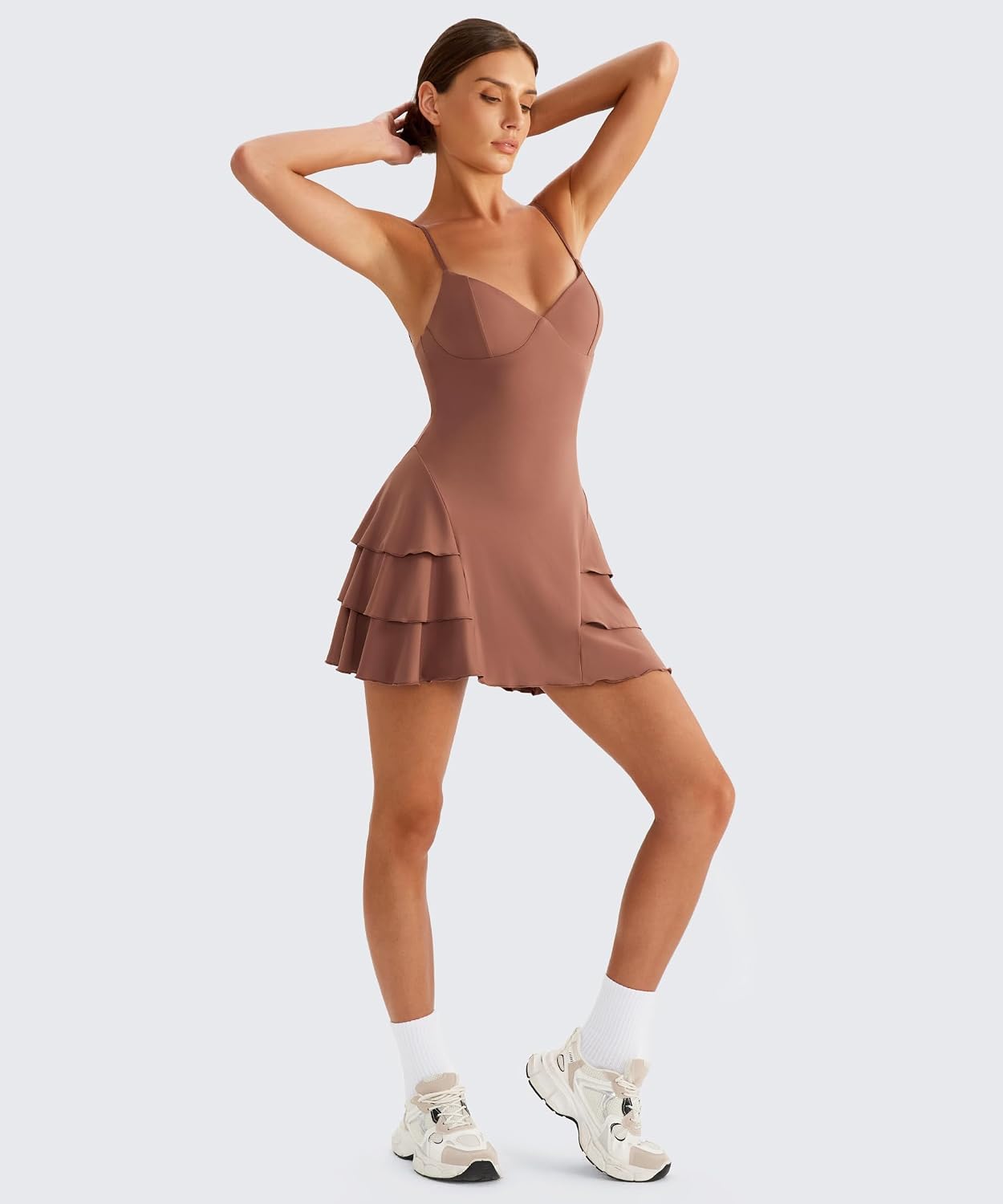 MEIVSO Womens Spaghetti Strap Tennis Dress with Shorts Deep V Neck Ruffle Athletic Dress