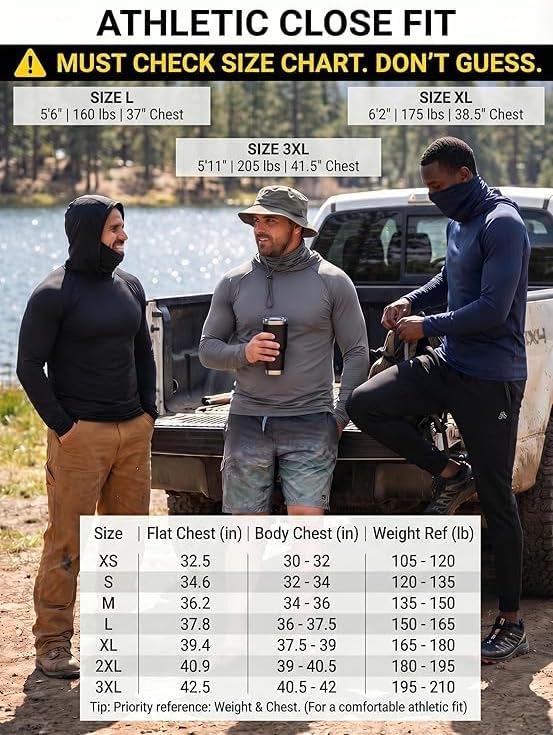 3/6 Pack Mens Sun Protection Fishing Hoodie with Face Mask UPF 50+ Long Sleeve Compression Work Shirt Construction Quick Dry image 5
