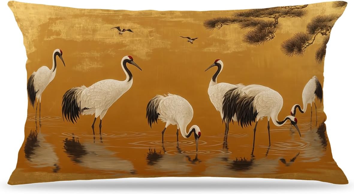 Golden Chinoiserie Crane Bird Decorative Lumbar Pillow Cover 12x20