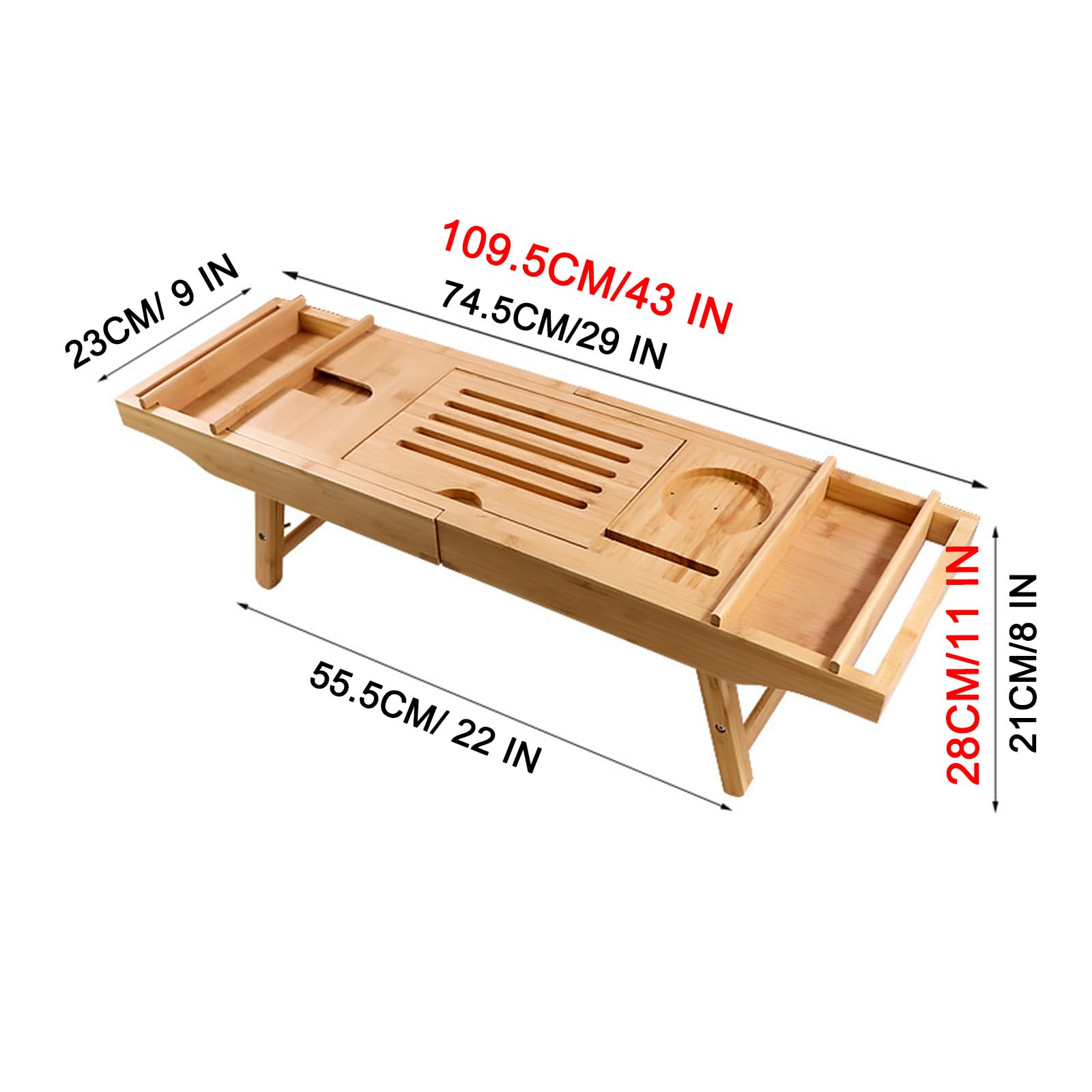 Bandeja de bambú para bañera, bandeja de mesa de baño de bambú con patas de mesa, soporte para libros y copas de vino, bandeja retráctil para bañera de lujo, spa o lectura
