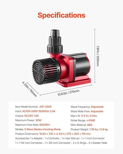 Miniatura 7 de VEVOR - Bomba de agua para acuario de 24 V CC, 30 W, 800 GPH Bomba de retorno con controlador, flujo ajustable, modo de alimentación, elevación