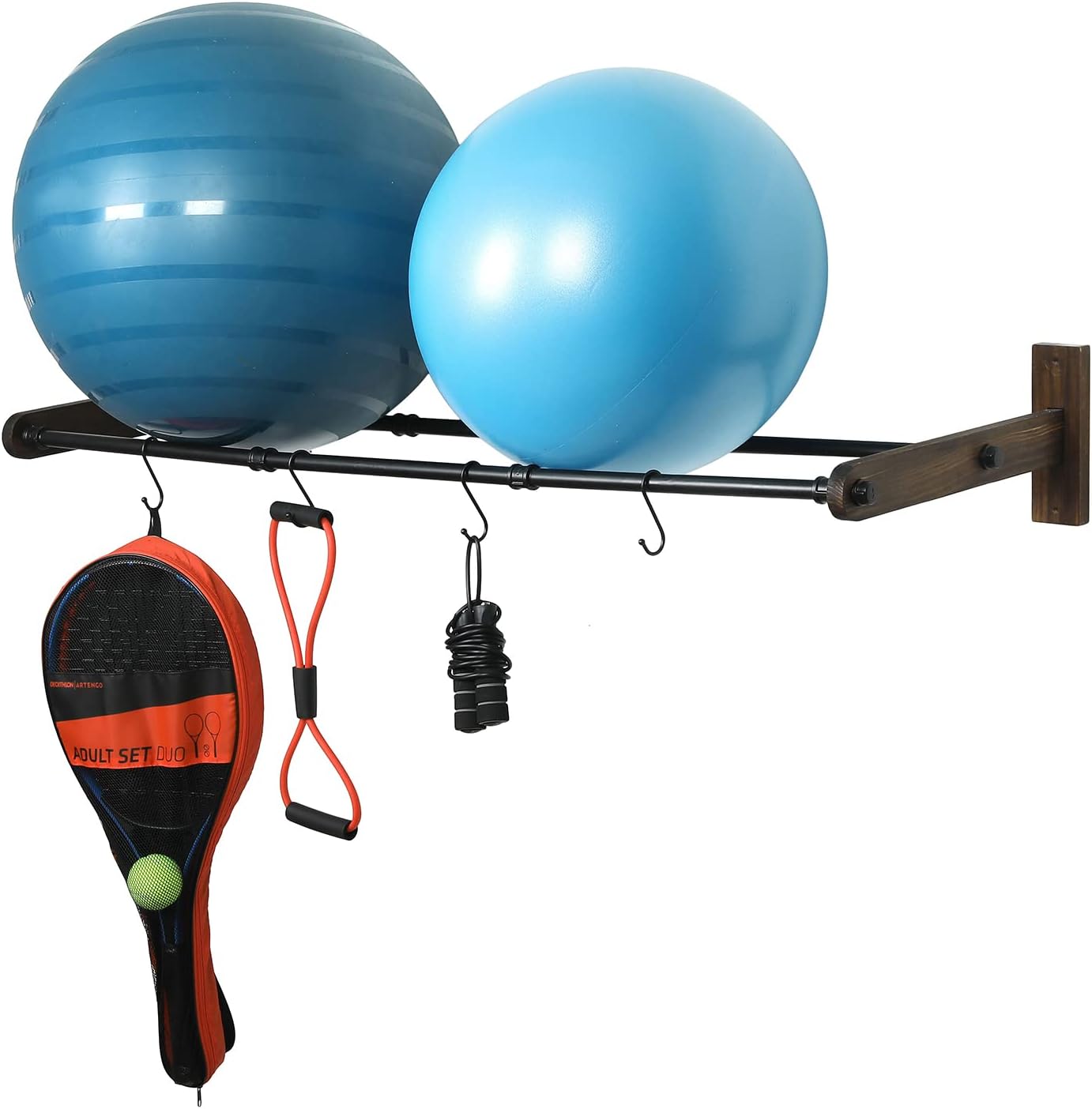 MyGift Wall Mounted Black Metal Pipe Yoga Exercise Ball Storage Rack with Rustic Wood Mount Backing, Hanging Fitness Organizer - Includes 4 Hanger S-Hooks