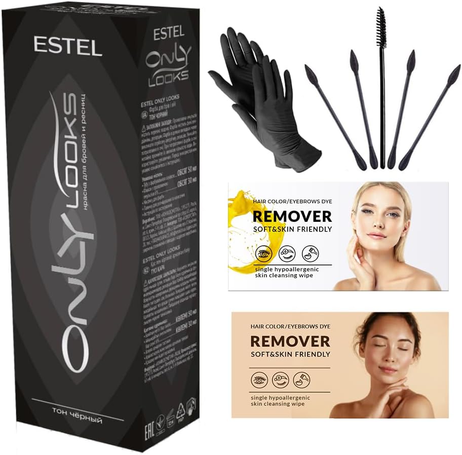 ESTEL ONLY LOOKS Professional Eyebrow Eyelash Tint Dye (Black) and a set of cotton swabs for a makeup artist
