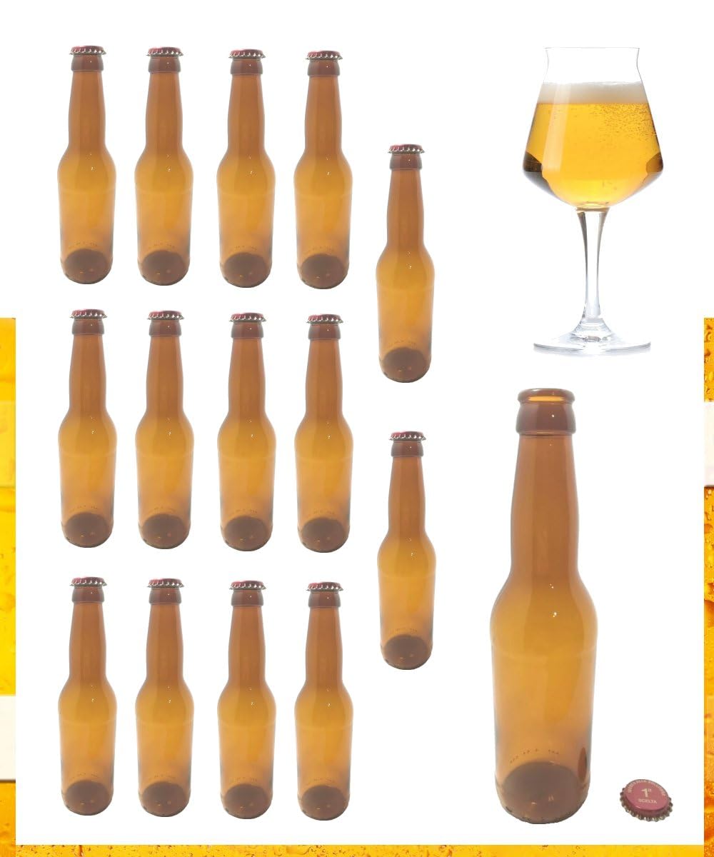 Bottiglie di Birra in Vetro Ambrato, Set da 15 Pezzi, 330 ml, con Tappo a Corona