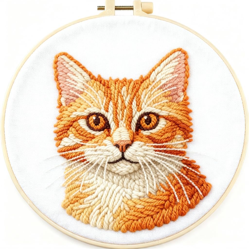 DIY Punch Needle Kits Orange Cat Portrait Easy for Beginners Starter Set with Hoop Needlepoint Embroidery Craft Hobby and Home Decor 20x20cm