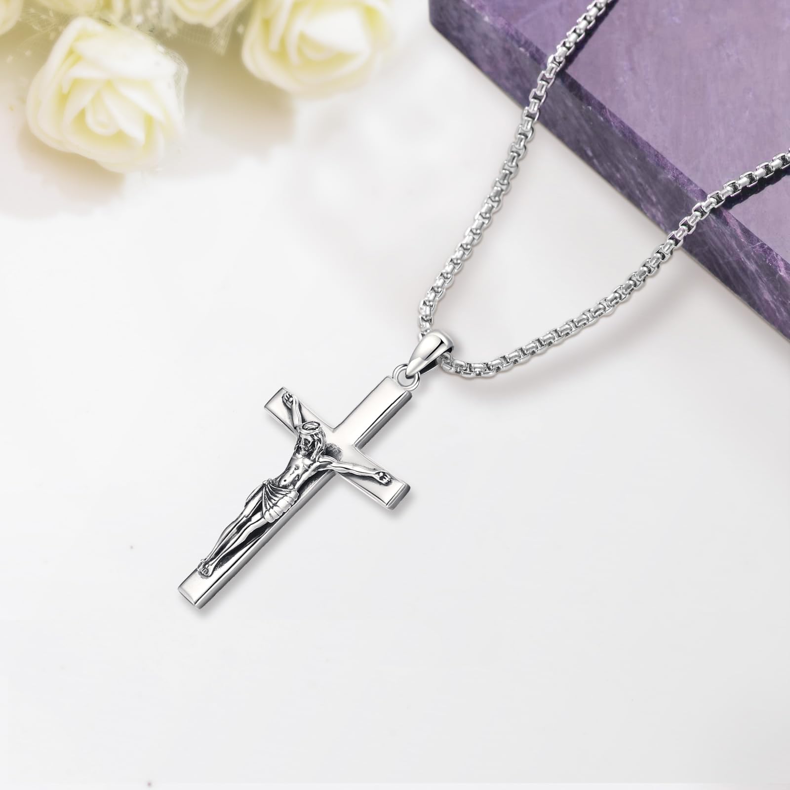 Eusense San Miguel/San Cristóbal/San Antonio/Virgen María/San Benito Crucifijo Collar Colgante Plata de Ley 925 Colgante Amuleto Joyería Regalo para Hombre Mujer