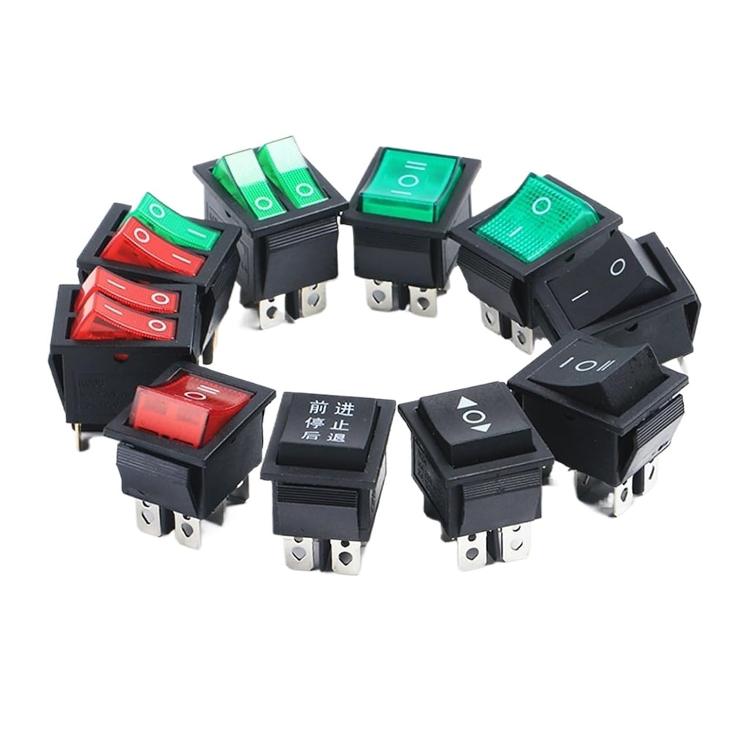 10pcs KCD4 Ship Switch Rocker Power Button 4Pin 6Pin 2/3 Position ON-Off with Light 220V LED 16A 30A 250VAC 20A 31 * 25mm(6Pin-2G Green lamp,30A)
