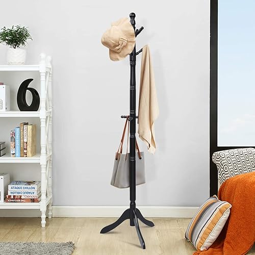 Miniatura 2 de Tangkula Perchero de madera independiente, altura de entrada ajustable con 9 ganchos y base estable de tres patas, perchero de madera de goma, para