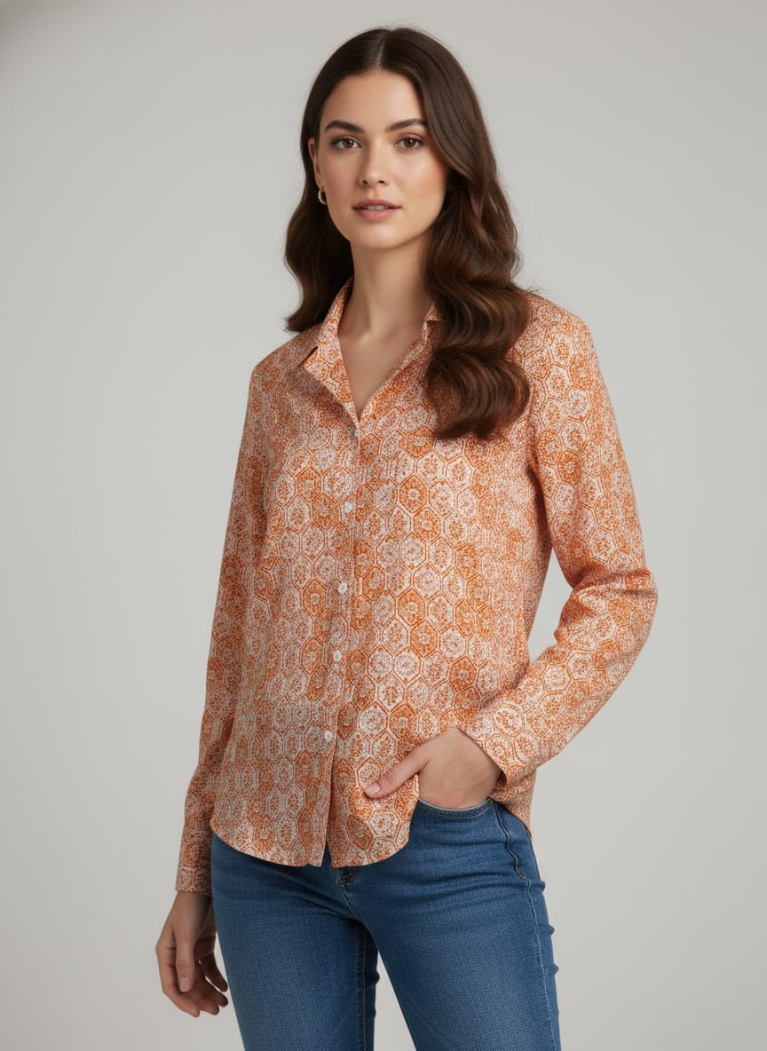 ANNI Designer Bedrucktes Damenhemd aus Baumwollmischgewebe, langärmelig, normale Passform, Hemdkragen, legere Bürokleidung, elegante Western-Kleidung für den Alltag, Hochzeit, Party