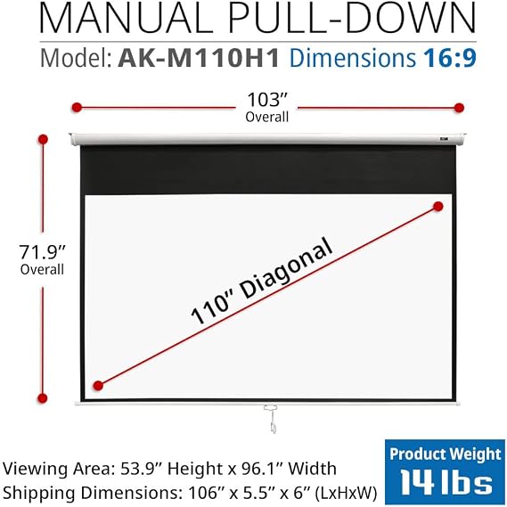 Akia Screens 110 inch Projector Screen Pull Down 16:9 Manual, Ceiling Mount or Wall Mount Retractable Projection Screen with 10 inch Bracket White, AK-M110H1 and AK-ZLB10W