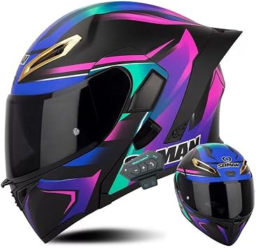 DOT Approved Full Face Motorcycle Bluetooth Modular Helmet Adult Unisex Flip Up Lightweight Anti-Fog Dual Visor Helmet with Dual Speakers for Street Bike Racing BMX Four Wheeler