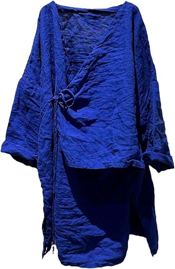 NFYM Womens Casual Long Sleeve Tunic Top Wrinkled Linen Asymmetric Warp Front Long Shirt