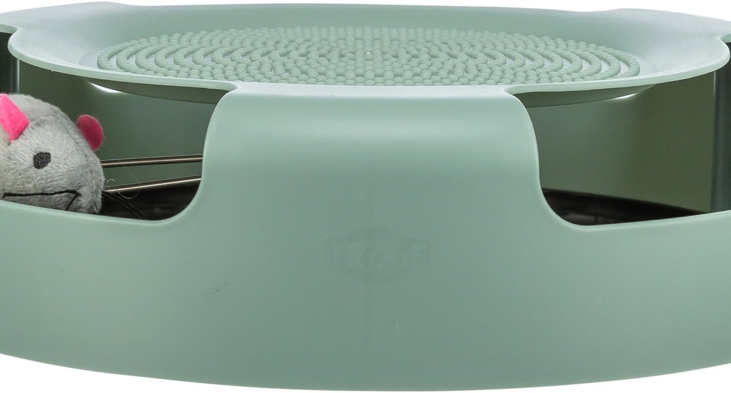 Trixie cat Toy ‘’Catch The Mouse‘’ - Mouse Hidden Inside and rotatable - Scratching Surface on top - red or Green - Random Selection - Plastic/Plush - ø 25 x 6 cm - 41411