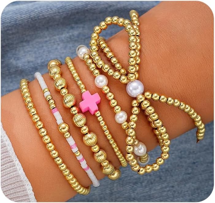 Gold Bead Layered Bracelets for Women,Trendy Cross Stackable Bracelets Non Tarnish Coquette Bracelet Set,Aesthetic Bow Jewelry Accessories Gifts - Image 8