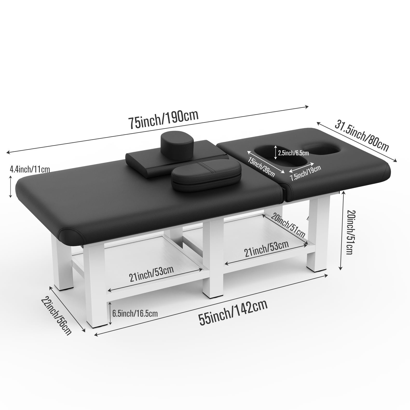 pouseayar Black Wide Stationary Massage Table with Backrest for Treatment Table Physical Therapy Table Spa Facial Bed, Metal Frame PU Leather 31.5'' Wide 75'' Long - Segmented Structure