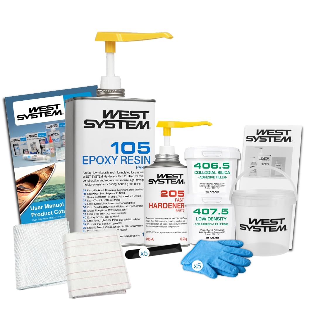 WEST SYSTEM Projekt-Set – Epoxidharz Marinequalität mit Pumpen, Füllstoffen, Glasfasermatten & Gewebe, Holzspachtelmasse außen, Kunststoffkleber extra stark für Holz, Metall – Bootsreparatur