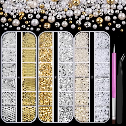 3 Boxes Nail Pearls and Metal Beads with Tweezers and Brush Kit, 0.8-3mm Gold Silver Small Caviar Beads Balls, 1.5-5mm Resin Half Round Pearls, for Face Makeup Manicure Crafts Artwork DIY(11-K3)