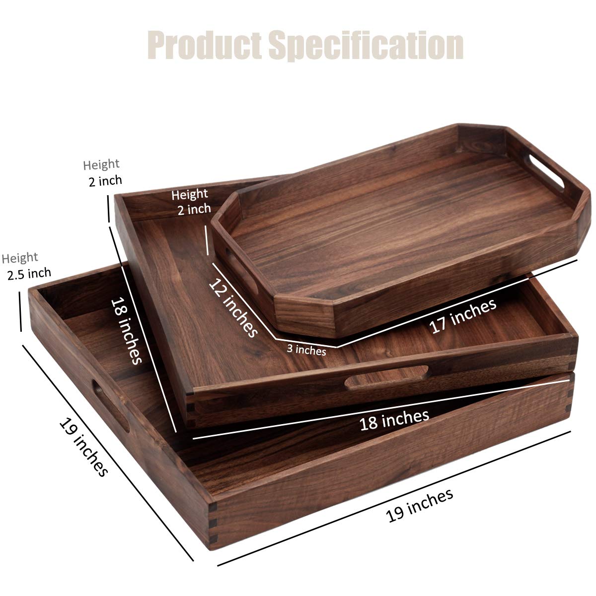 MAGIGO Set of 3 Large Solid Black Walnut Wood Ottoman Tray with Handles, Serve Tea, Coffee, Classic Wooden Decorative Serving Tray, L+M+S