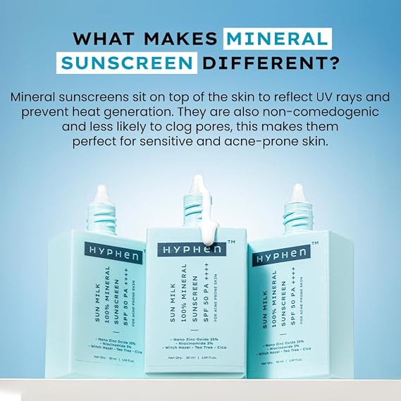 Hyphen Sun Milk 100% Mineral Sunscreen Spf 50 Pa++++ Uv+ Bluelight Protection, 25% Nano Zinc Oxide | Sensitive, Acne Prone & Oily Skin, Water Resistant Sun Protect | For Women And Men - 50 Ml